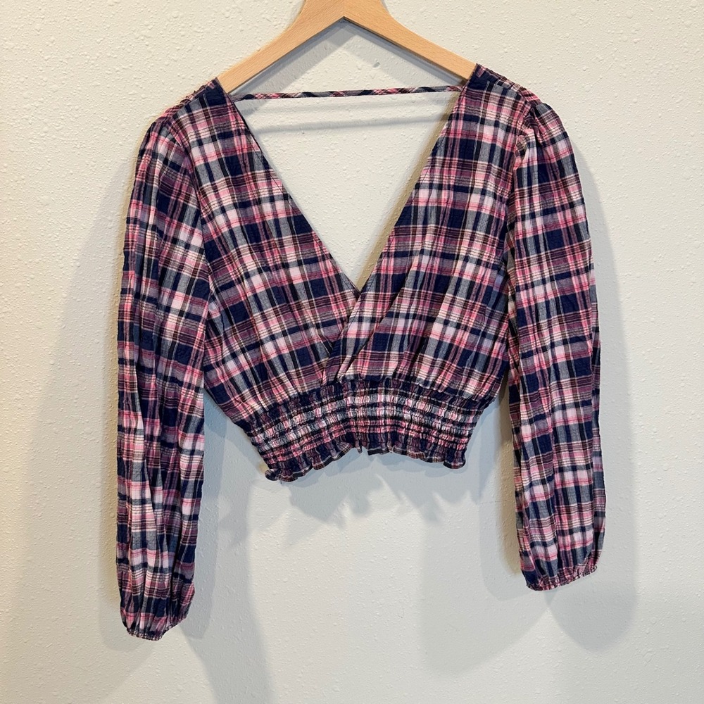 Zara Plaid Crop Top Women Medium Pink Smocked Balloon Sleeve Preppy Cottage Boho - Picture 9 of 12